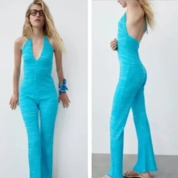 NEW ZARA Turquoise Ribbed Knit Bell-Leg Cotton Blend Jumpsuit/Overall- Blog Fav - Picture 1 of 16